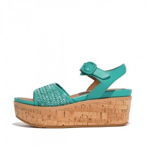 Women's Fitflop Eloise Faux Raffia Back Strap Wedge Sandals Blue | IN-KWIZB6975