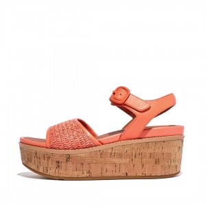 Women's Fitflop Eloise Faux Raffia Back Strap Wedge Sandals Orange | IN-CXZVK9210