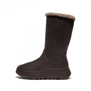 Women's Fitflop F-Mode Double Faced Shearling Boots Chocolate | IN-HWIZX5063