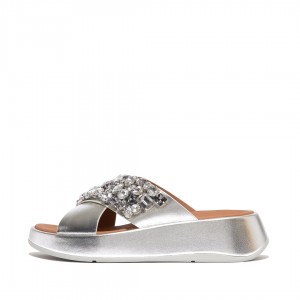 Women's Fitflop F-Mode Leather Slides Silver | IN-YJAWM7683