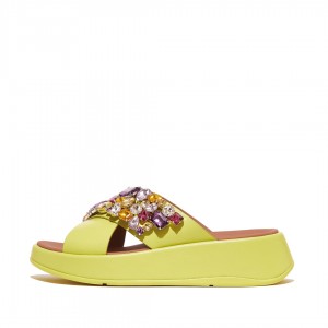 Women's Fitflop F-Mode Leather Slides Yellow | IN-RAVWE0127