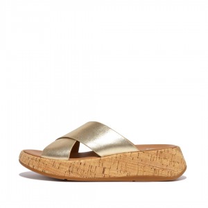 Women's Fitflop F-Mode Metallic Cross Slides Slides Gold | IN-HLUDB2970