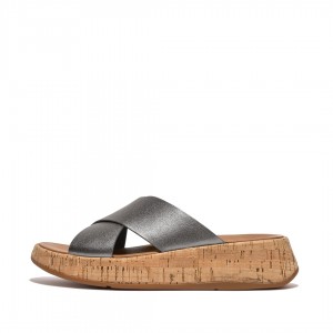 Women's Fitflop F-Mode Metallic Cross Slides Slides Silver | IN-LDARB0354