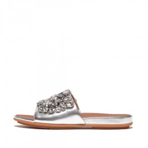 Women's Fitflop Gracie Leather Slides Silver | IN-REPGS1860