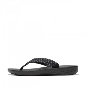 Women's Fitflop Iqushion Cotton Webbing Flip Flops Flip Flops Black | IN-GDWHQ9062