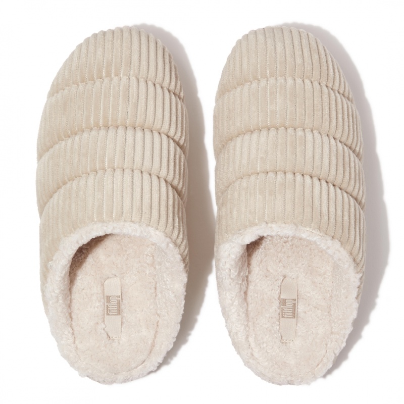 Women's Fitflop Chrissie Corduroy Polyester Slippers White | IN-BEDPY3590