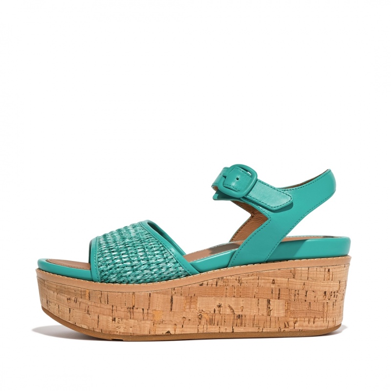 Women\'s Fitflop Eloise Faux Raffia Back Strap Wedge Sandals Blue | IN-KWIZB6975