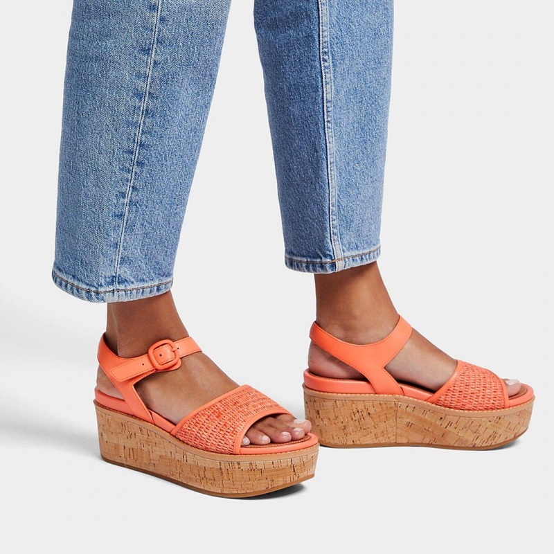 Women's Fitflop Eloise Faux Raffia Back Strap Wedge Sandals Orange | IN-CXZVK9210