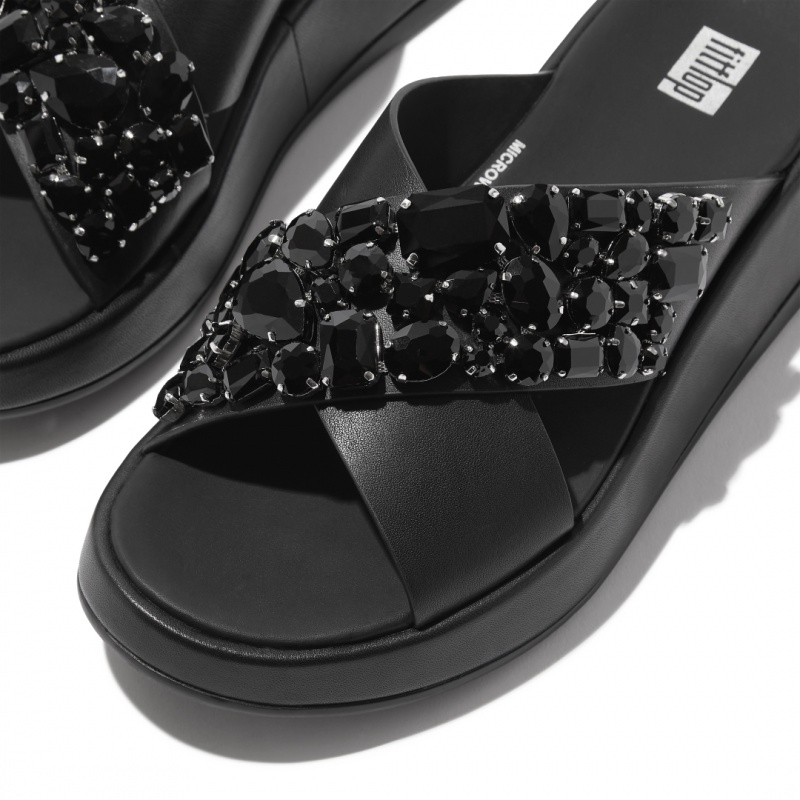 Women's Fitflop F-Mode Leather Slides Black | IN-DCAPQ1905