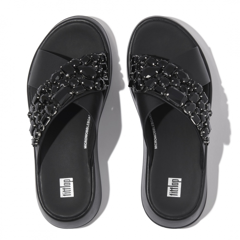 Women's Fitflop F-Mode Leather Slides Black | IN-DCAPQ1905