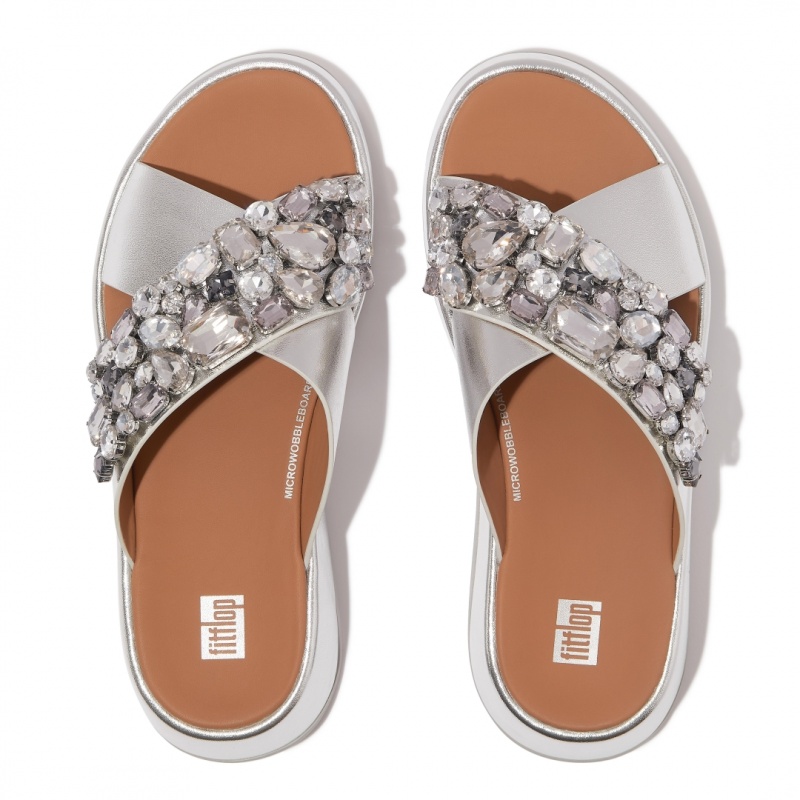 Women's Fitflop F-Mode Leather Slides Silver | IN-YJAWM7683