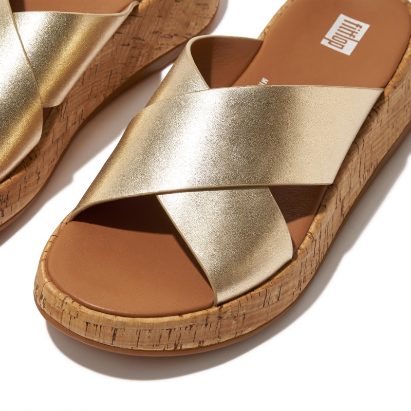 Women's Fitflop F-Mode Metallic Cross Slides Slides Gold | IN-HLUDB2970