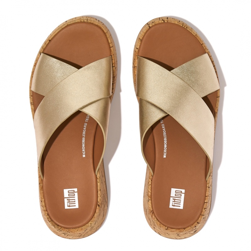 Women's Fitflop F-Mode Metallic Cross Slides Slides Gold | IN-HLUDB2970