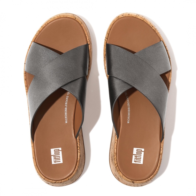 Women's Fitflop F-Mode Metallic Cross Slides Slides Silver | IN-LDARB0354