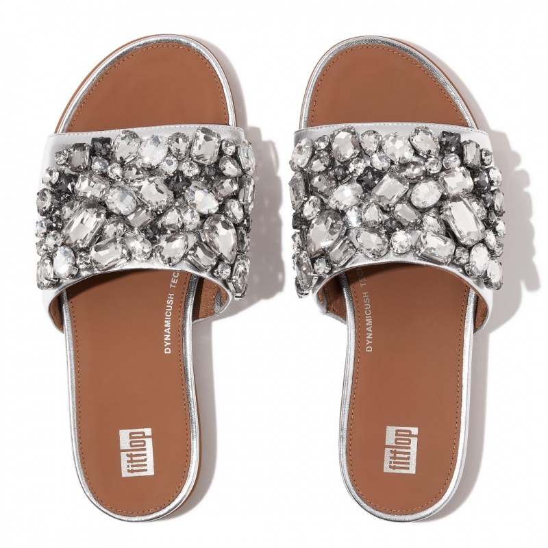 Women's Fitflop Gracie Leather Slides Silver | IN-REPGS1860