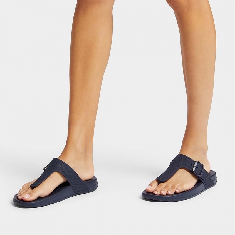 Women's Fitflop Iqushion Adjustable Buckle Flip Flops Navy | IN-NEUYL8794