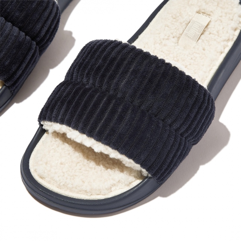 Women's Fitflop Iqushion Corduroy Polyester Slides Slides Navy | IN-ZJMVS3617