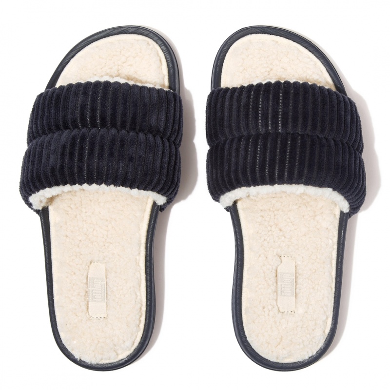 Women's Fitflop Iqushion Corduroy Polyester Slides Slides Navy | IN-ZJMVS3617