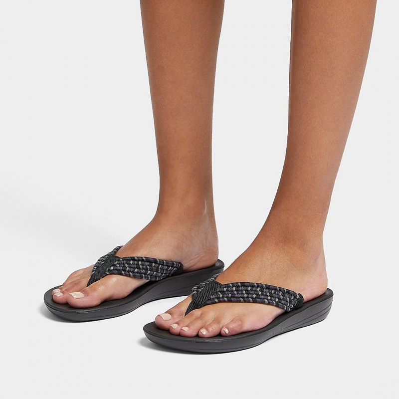 Women's Fitflop Iqushion Cotton Webbing Flip Flops Flip Flops Black | IN-GDWHQ9062