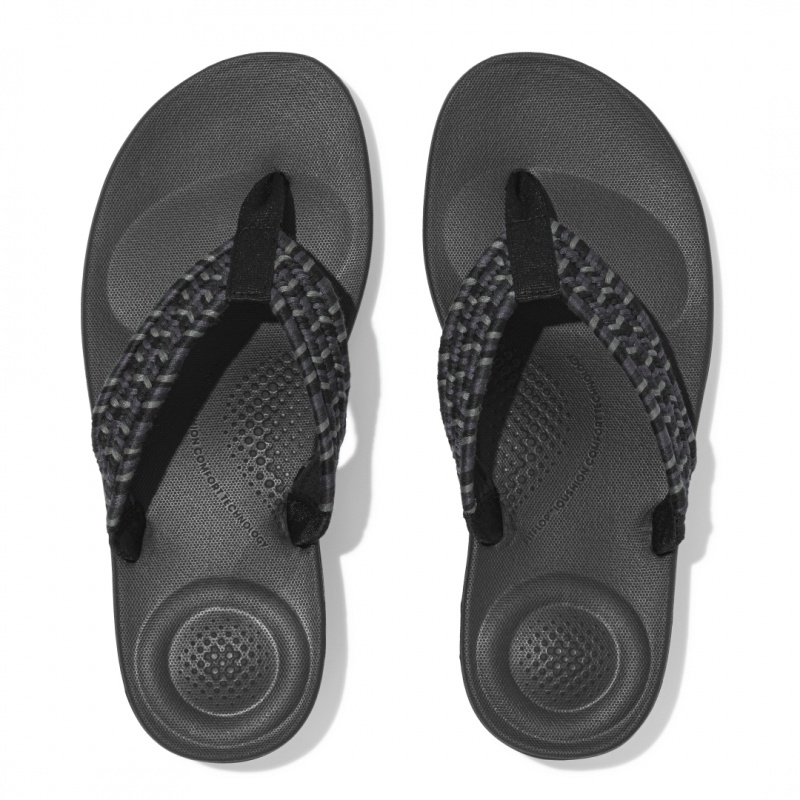 Women's Fitflop Iqushion Cotton Webbing Flip Flops Flip Flops Black | IN-GDWHQ9062