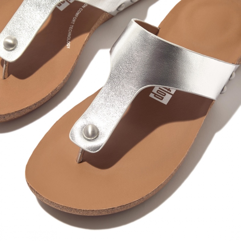 Women's Fitflop Iqushion Leather Thongs Toe-Post Sandals Silver | IN-LCQES7801