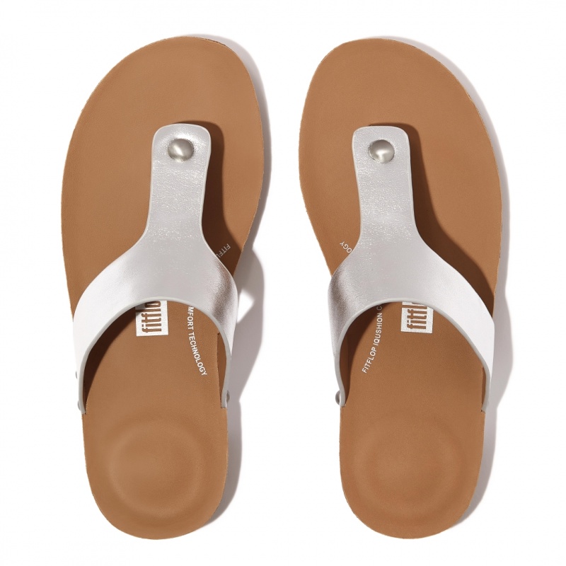 Women's Fitflop Iqushion Leather Thongs Toe-Post Sandals Silver | IN-LCQES7801