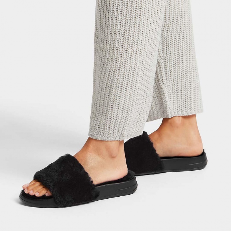 Women's Fitflop Iqushion Shearling Slides Slides Black | IN-ZJXGB8160