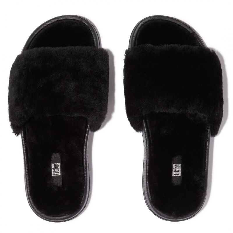 Women's Fitflop Iqushion Shearling Slides Slides Black | IN-ZJXGB8160