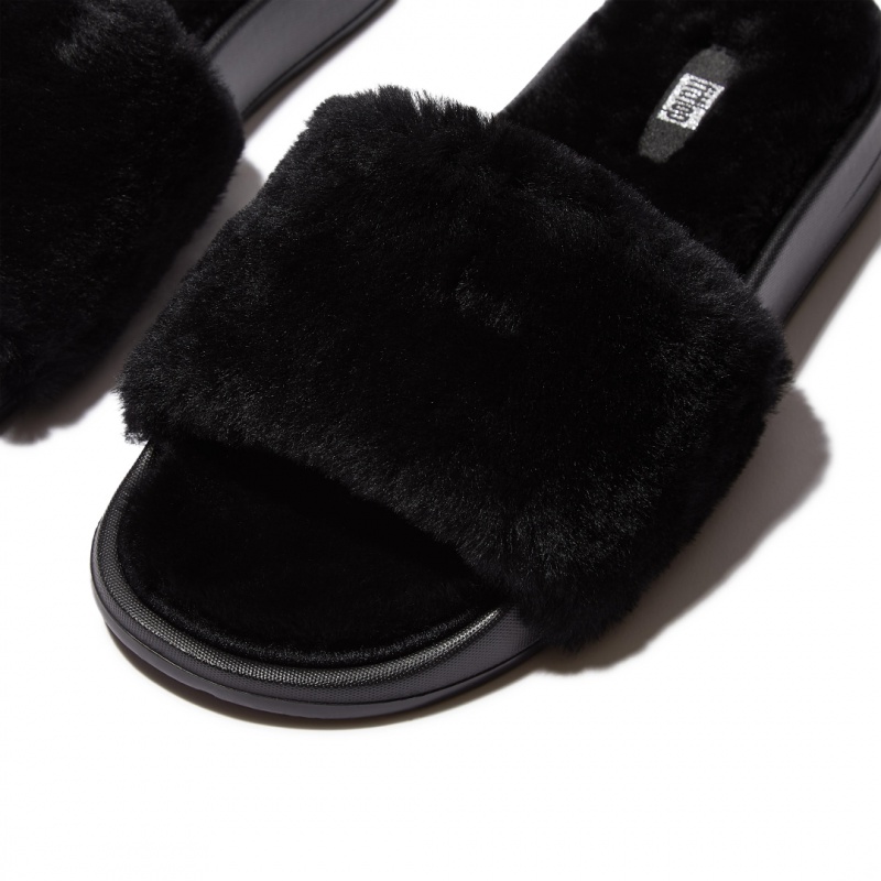 Women's Fitflop Iqushion Shearling Slides Slides Black | IN-ZJXGB8160