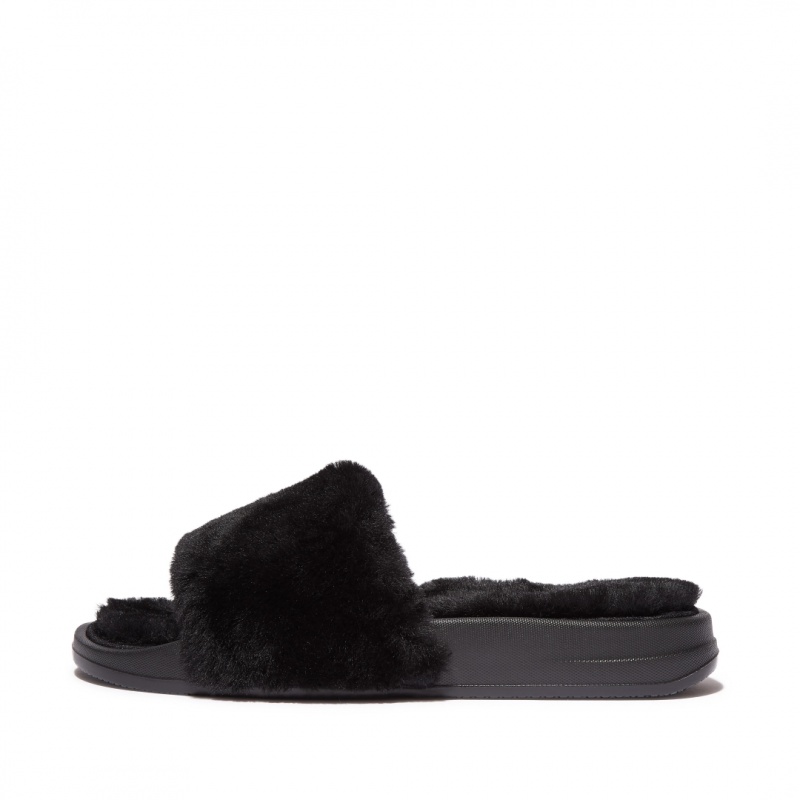 Women\'s Fitflop Iqushion Shearling Slides Slides Black | IN-ZJXGB8160