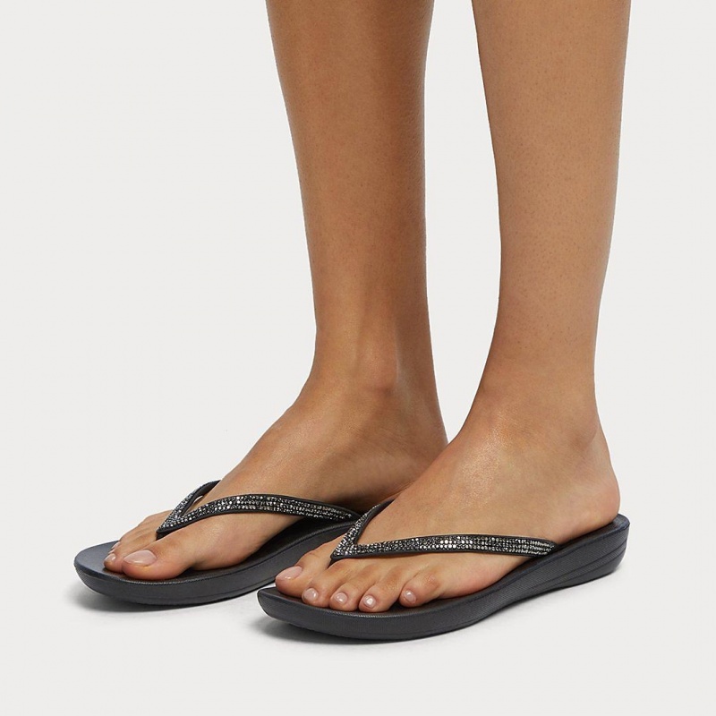 Women's Fitflop Iqushion Sparkle Flip Flops Black | IN-SQCFE4365