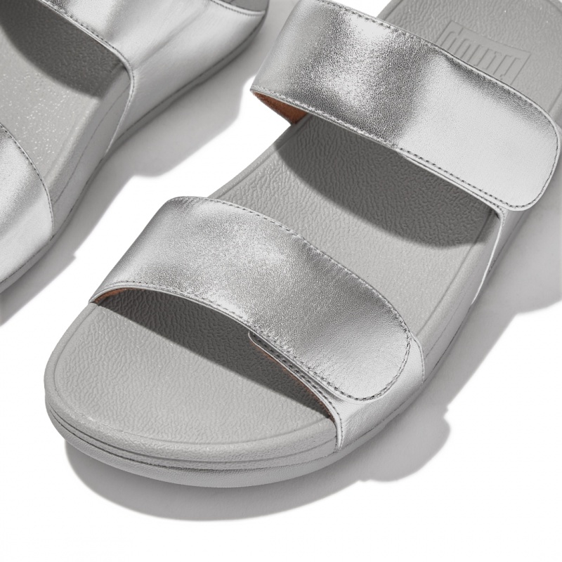 Women's Fitflop Lulu Adjustable Metallic Leather Slides Silver | IN-BLIXT2978