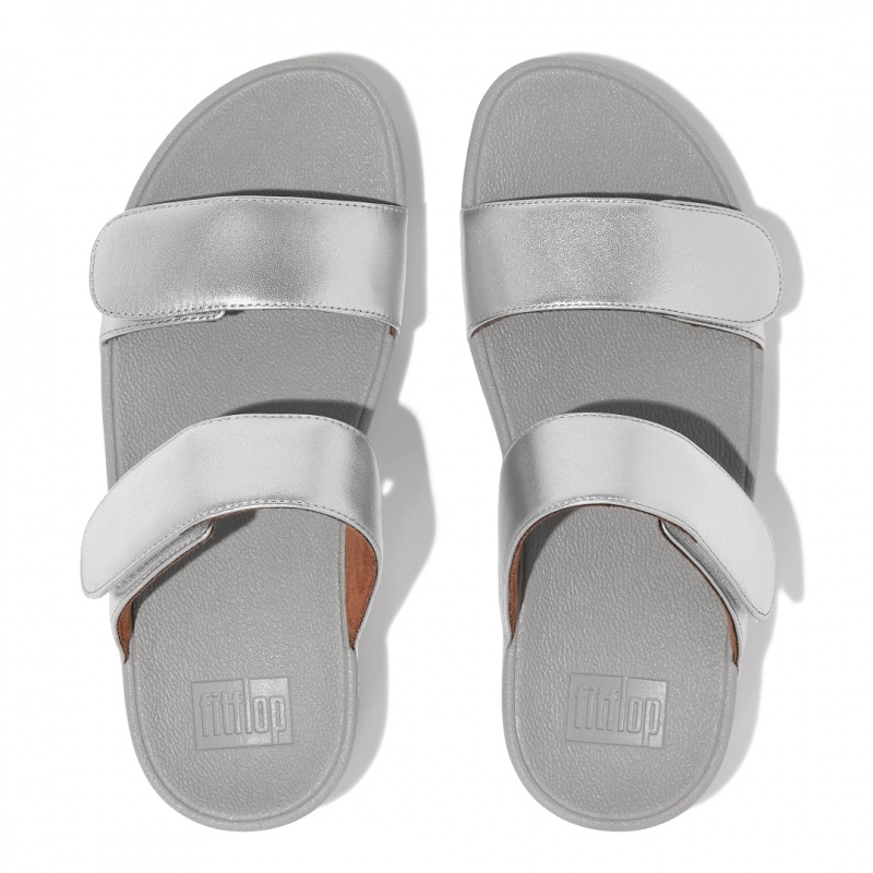 Women's Fitflop Lulu Adjustable Metallic Leather Slides Silver | IN-BLIXT2978