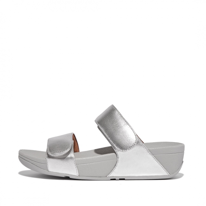 Women\'s Fitflop Lulu Adjustable Metallic Leather Slides Silver | IN-BLIXT2978