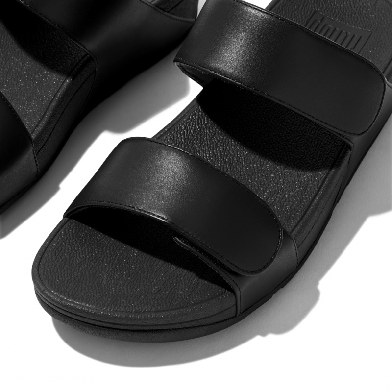 Women's Fitflop Lulu Adjustable Metallic Leather Slides Black | IN-GOBAD7216