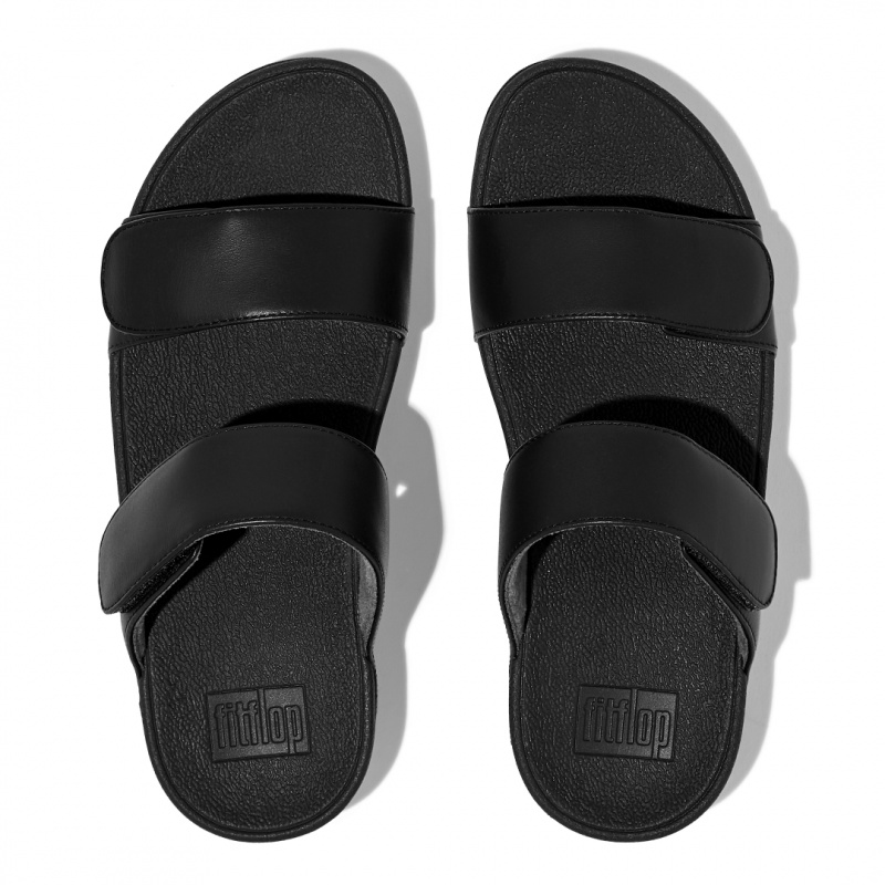 Women's Fitflop Lulu Adjustable Metallic Leather Slides Black | IN-GOBAD7216