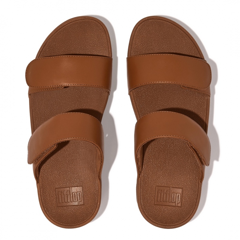 Women's Fitflop Lulu Adjustable Metallic Leather Slides Brown | IN-BRZFK0134