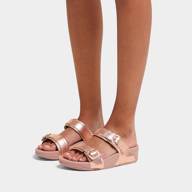 Women's Fitflop Lulu Leather Slides Rose Gold | IN-PMZWH8047